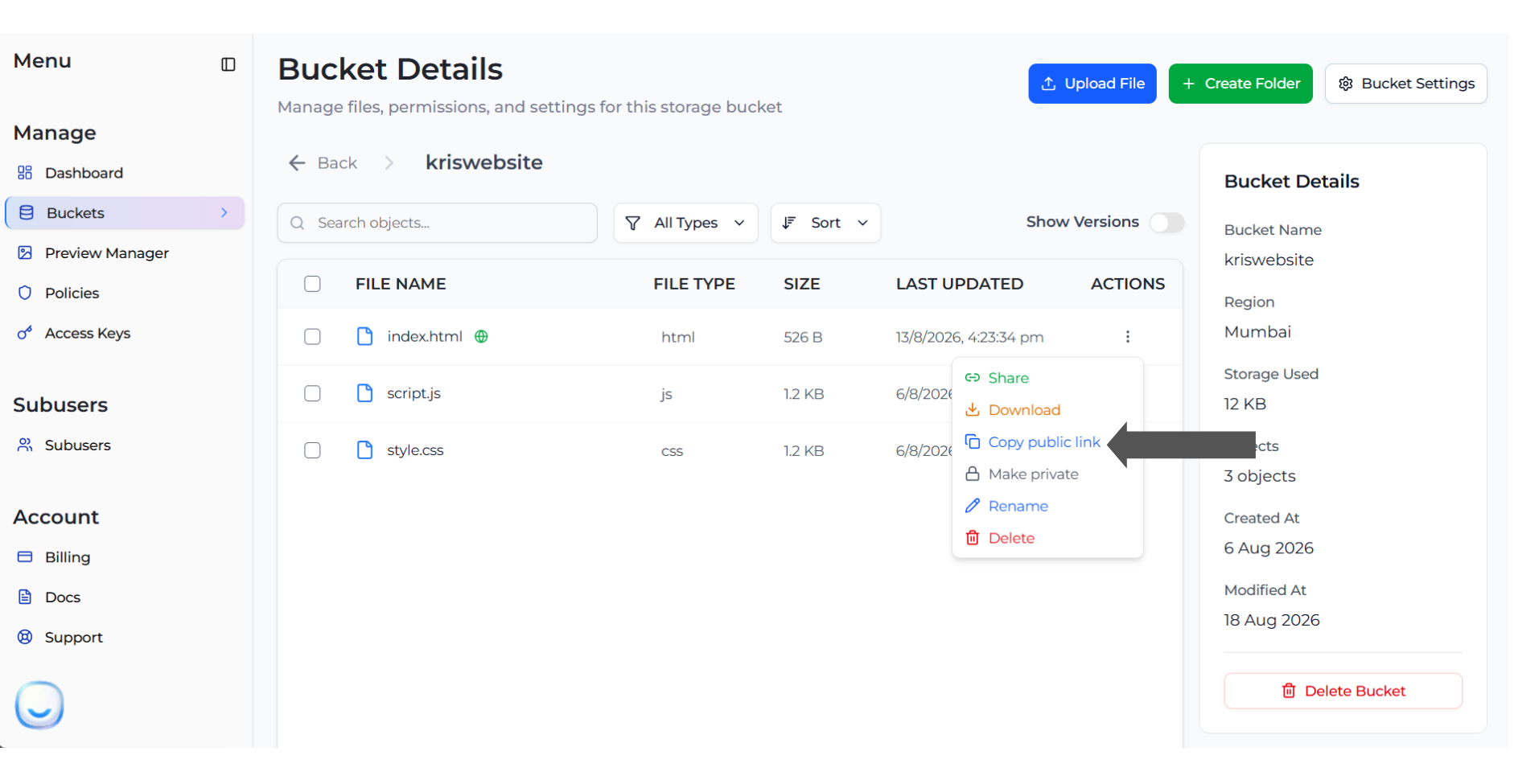 Copy public link in the object actions menu