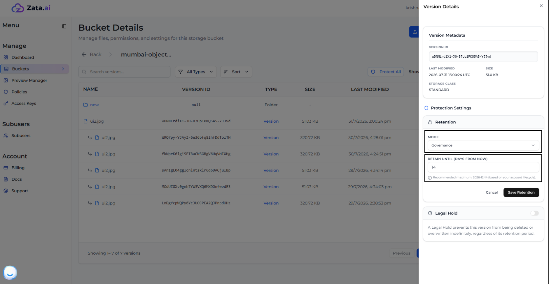 Change Retention Mode