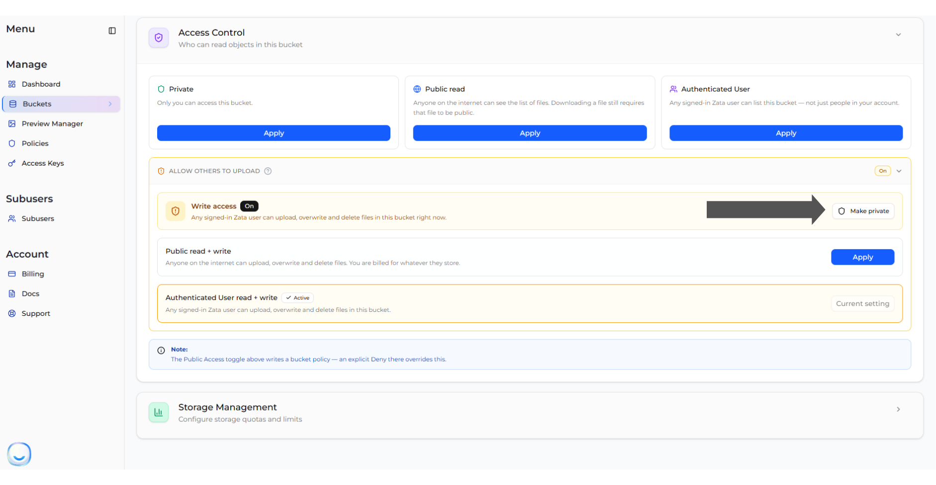 Make private button on the Write access row