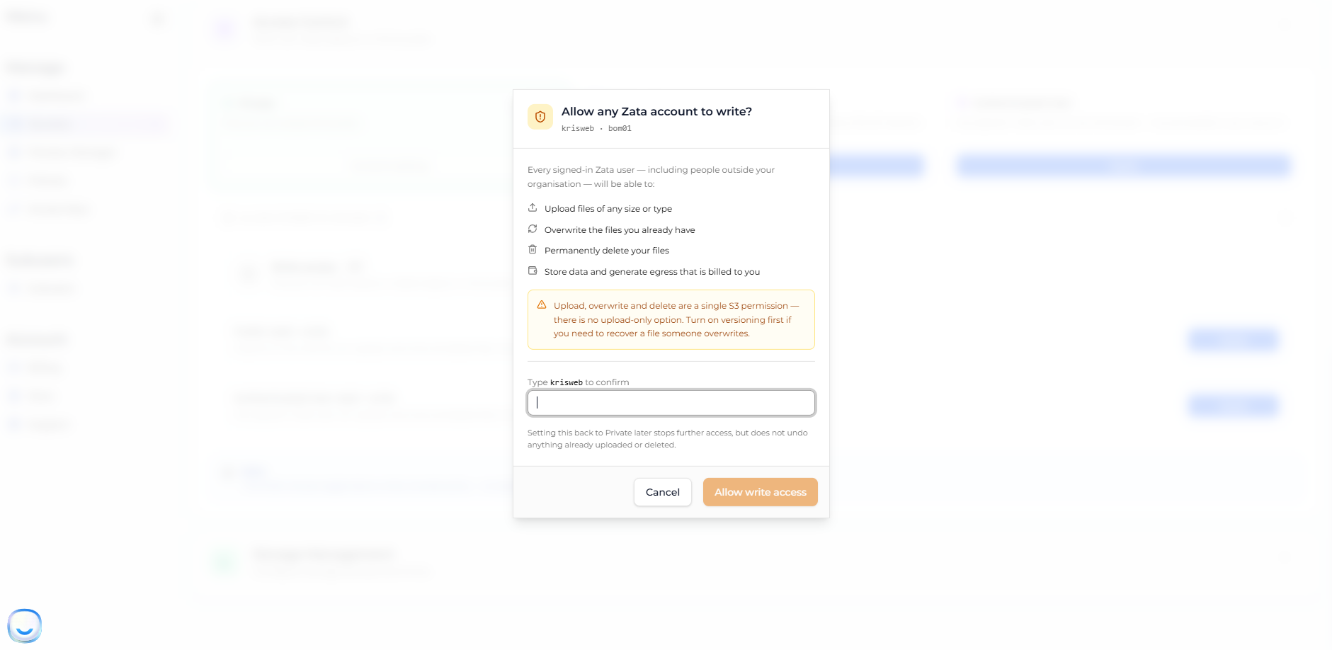 Allow any Zata account to write confirmation