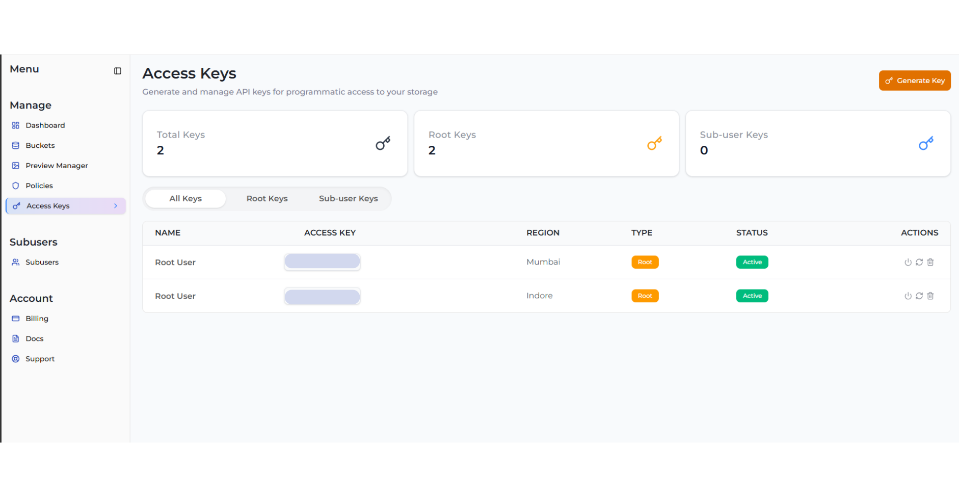 Access Keys overview with both regions