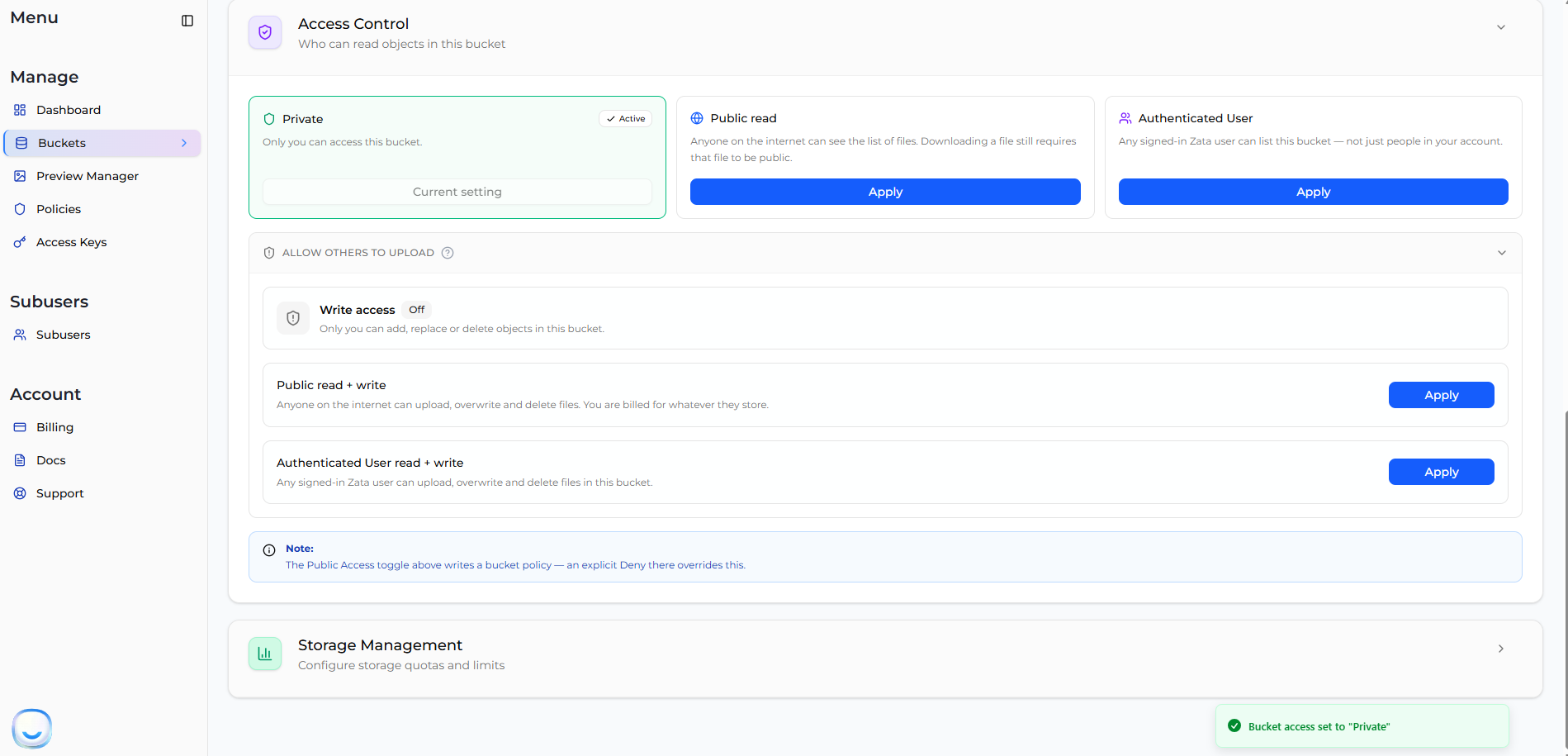 Write access off and bucket private again