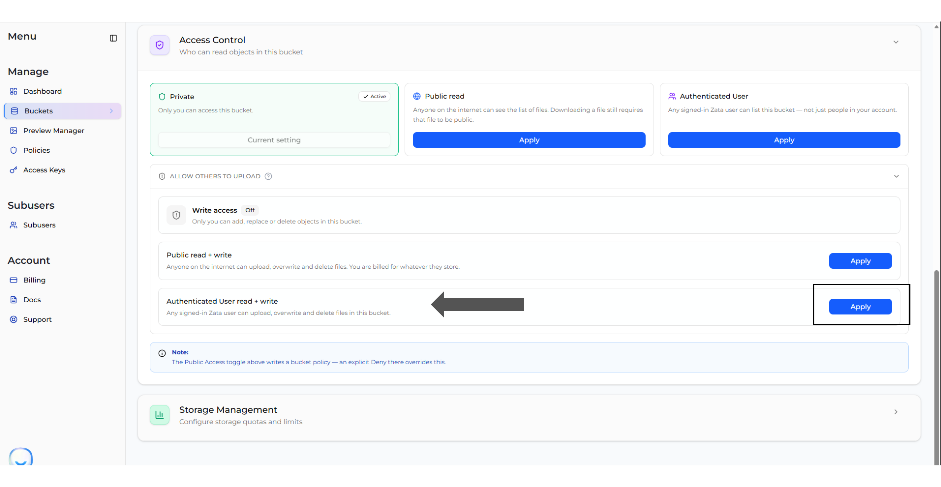 Apply on the Authenticated User read plus write row