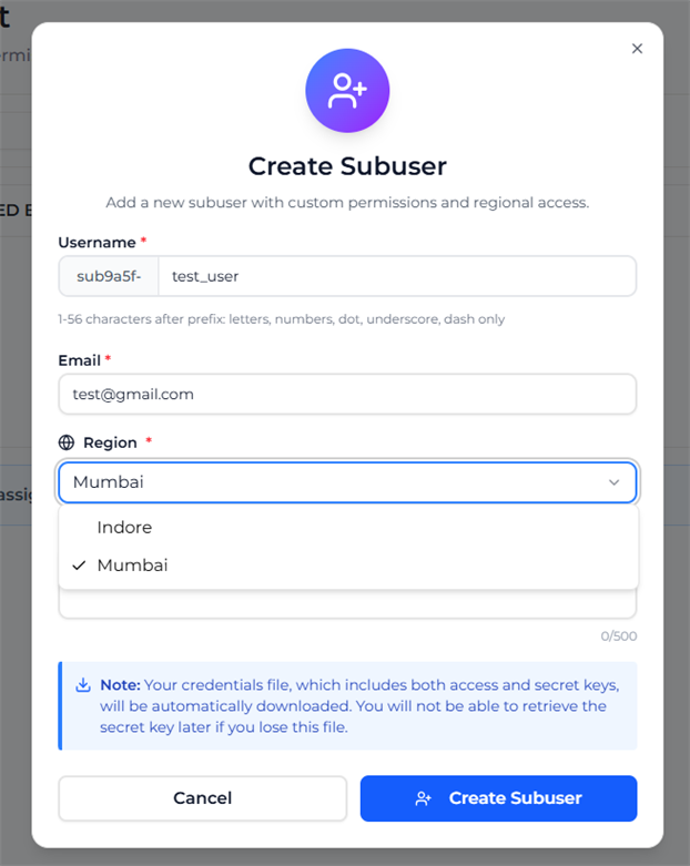 Create Subuser for Mumbai Region