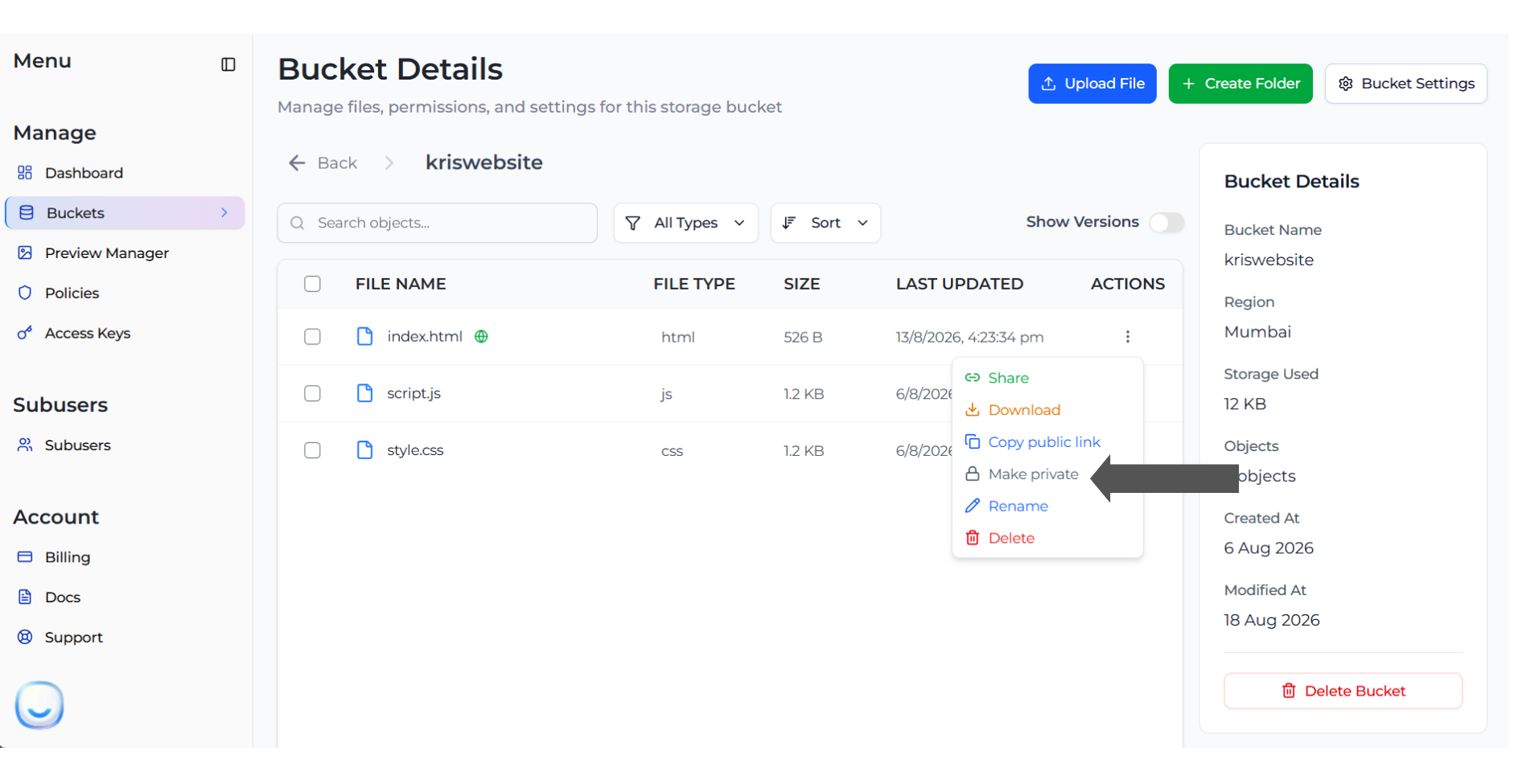 Make private in the object actions menu