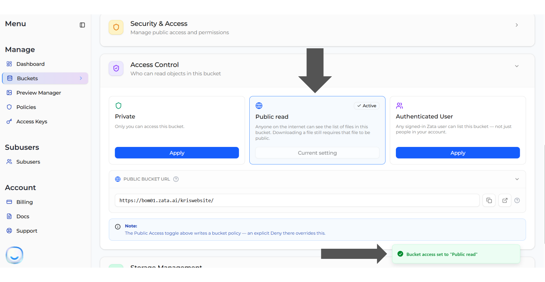 Public read active with public bucket URL