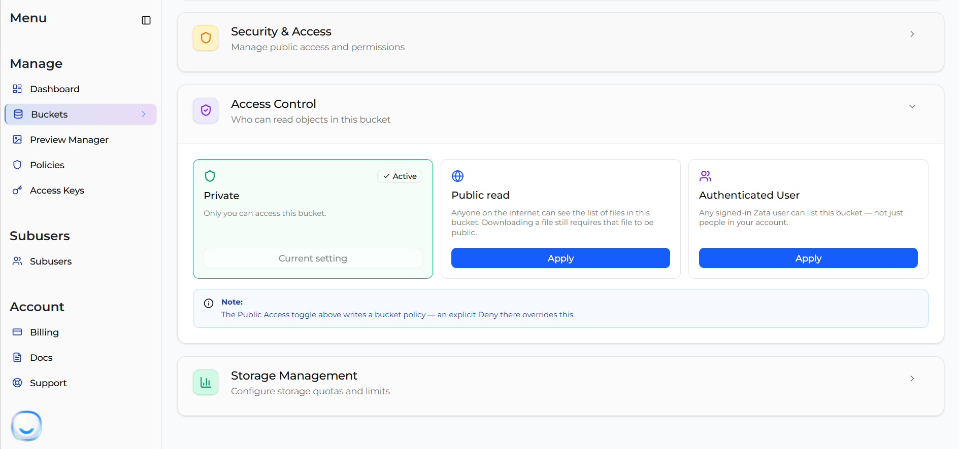 Access Control section in Bucket Settings