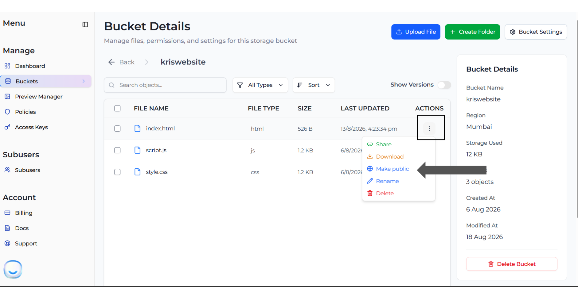 Make public in the object actions menu