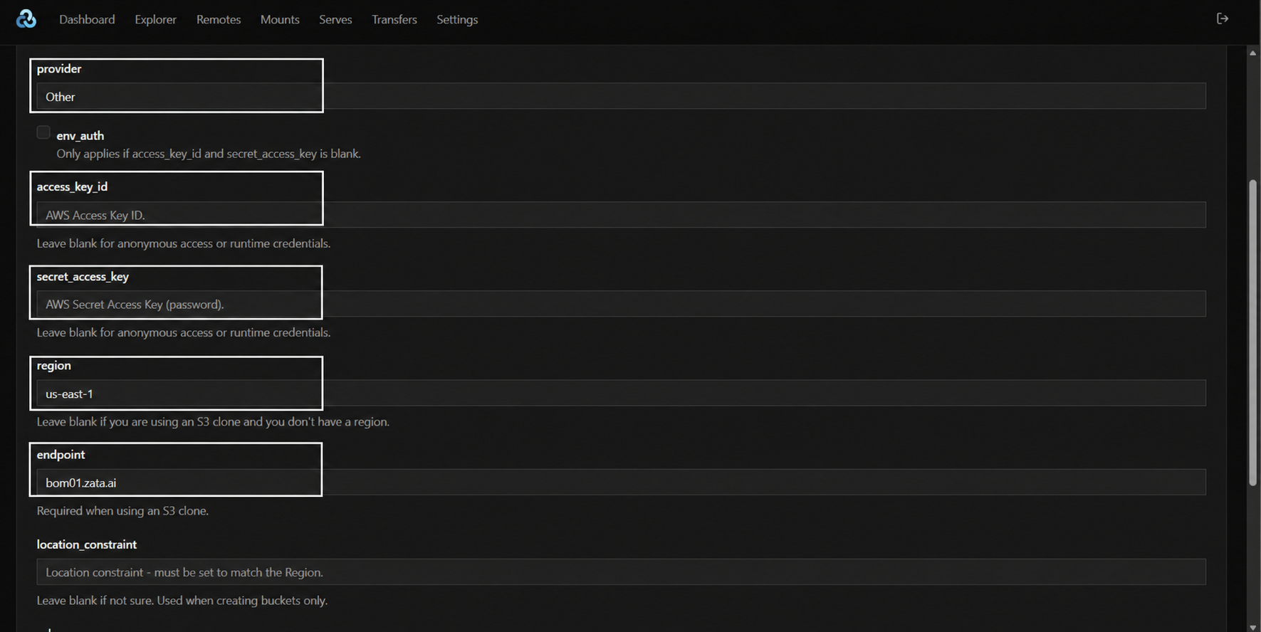 Rclone GUI Zata Mumbai Endpoint